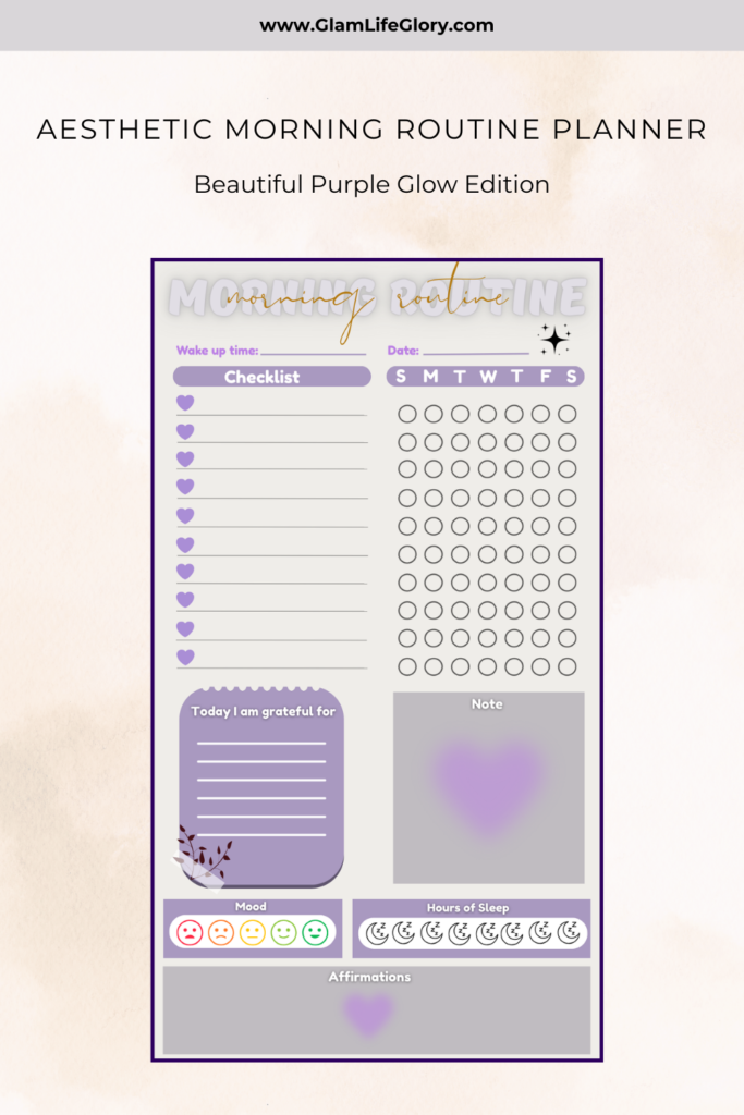 Aesthetic morning routine printable planner in soft purple – includes checklist, gratitude section, mood tracker and affirmations box
